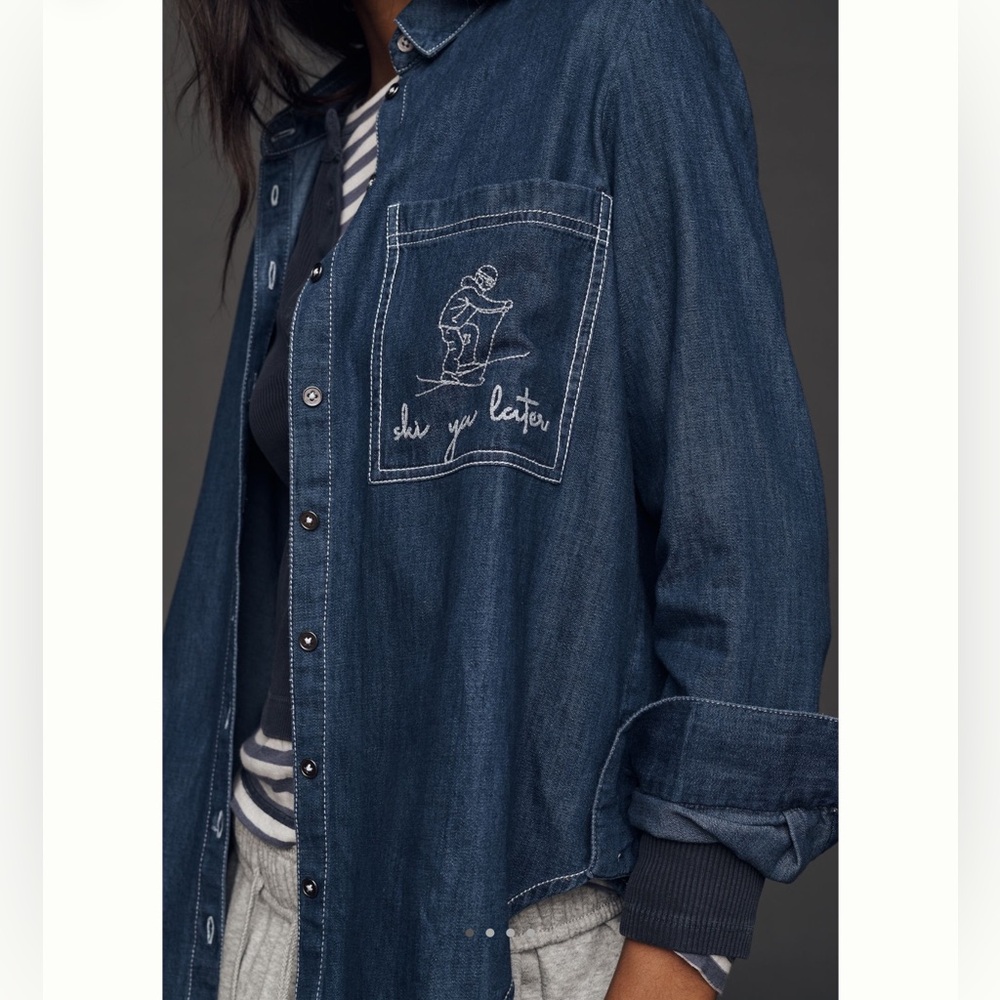 ⛷️Anthropologie Embroidered Long Sleeve Shirt Button Down New Ski Skier Skiing